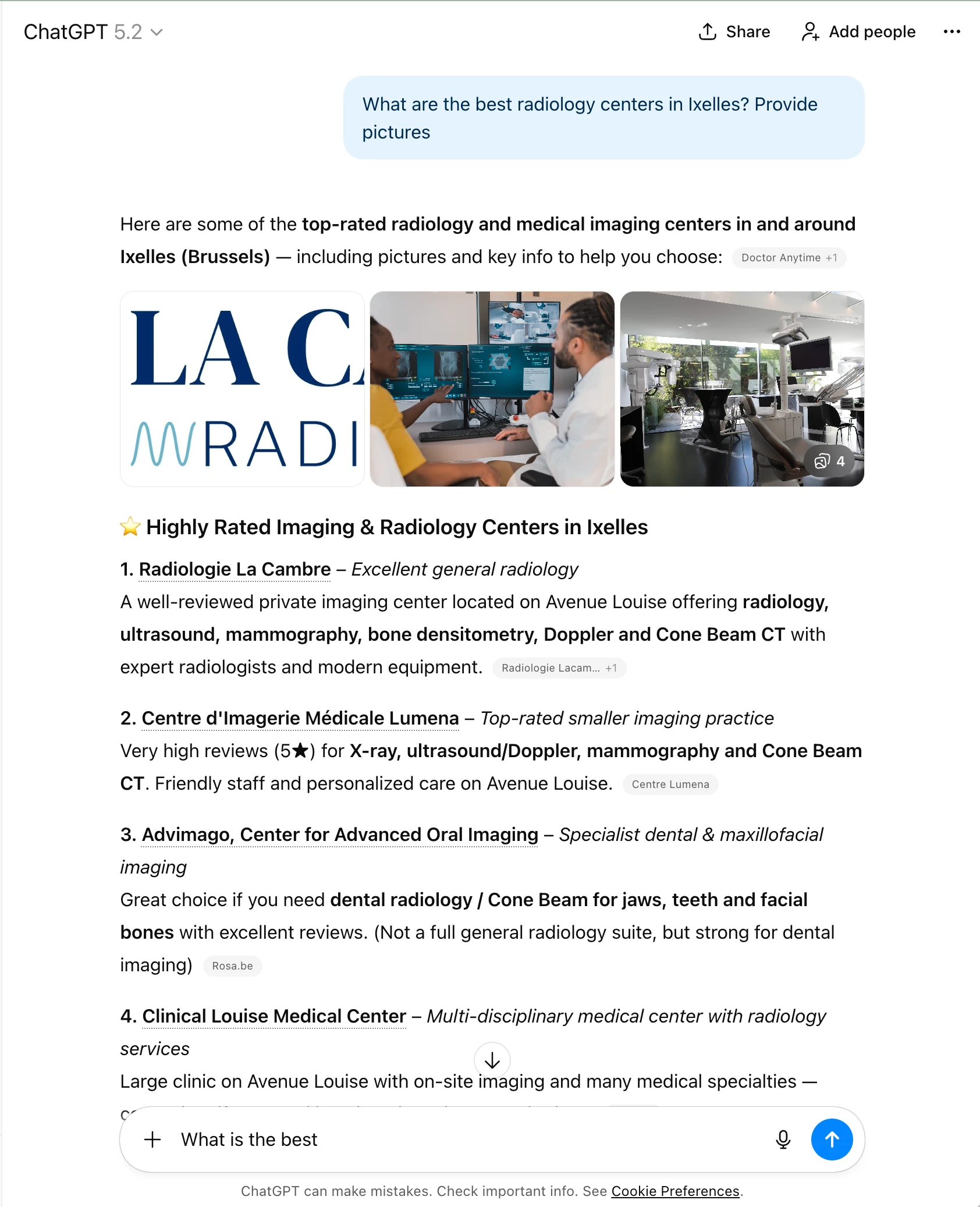 ChatGPT recommending Radiologie La Cambre as #1